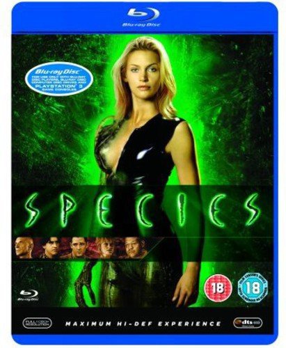 Blonde woman in a black dress on a green background, "Species" in neon letters.