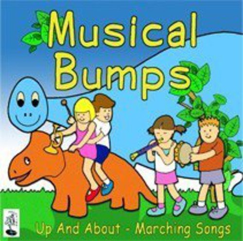 "CD cover featuring cartoon children playing instruments on a dinosaur, titled 'Musical Bumps'."