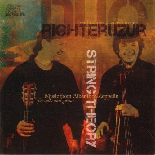 CD cover featuring two musicians with cello and guitar, abstract background.