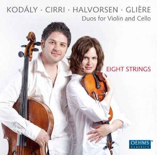 "CD cover featuring a man and woman holding cello and violin, white background."