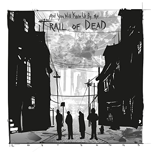 Black and white illustration of a city street with silhouetted figures.