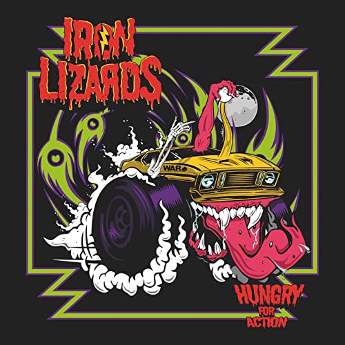 Cartoon car with a monster mouth and skeletal hand, fiery background.