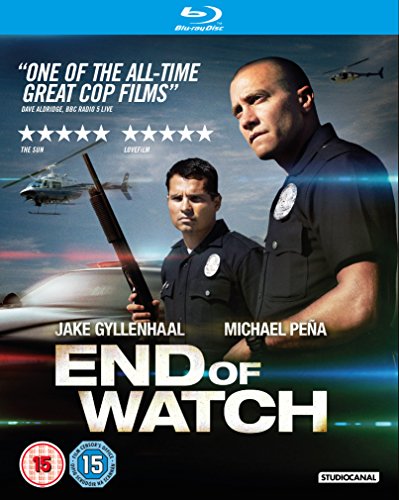End of Watch" Blu-ray cover featuring Jake Gyllenhaal and Michael Peña as police officers.