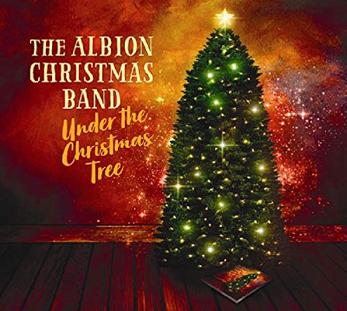 "Christmas album cover featuring a lit tree on a wooden floor, festive background."