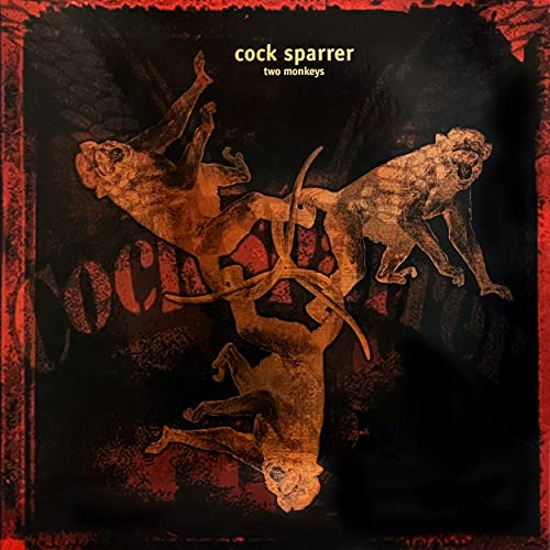Album cover: three monkeys in a chaotic, textured, red-bordered design.