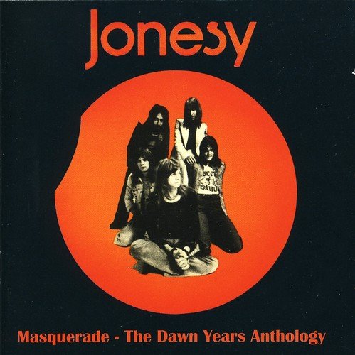 "Album cover with black background, orange circle, and band photo inside."