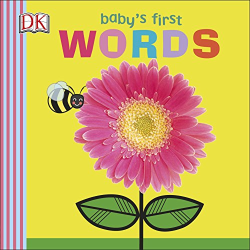 The image depicts a children's book cover featuring a large pink flower, a bee, and the title "baby's first WORDS". The alt text is: "Children's book cover with pink flower, bee, and multicolored title on yellow background."