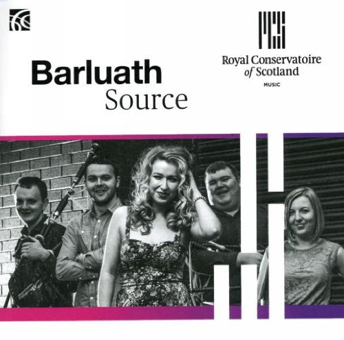 "CD cover with black and white photo of five musicians, pink and purple accents."