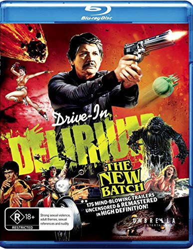 Blu-ray cover for "Drive In Delirium" featuring a man with a gun.