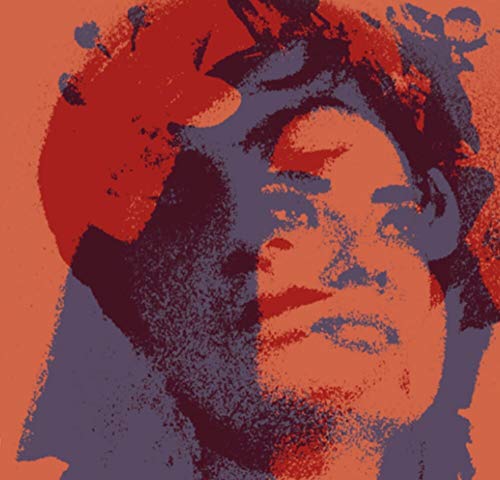A close-up of a woman's face with a red and orange-toned illustration.