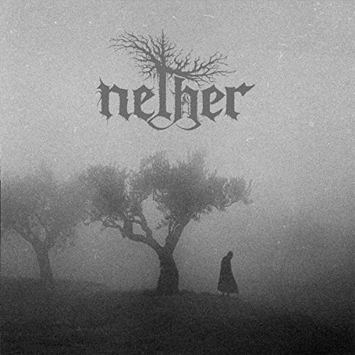 Dark, misty landscape with a bare tree and distant cloaked figure.