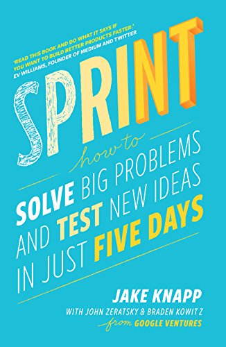 "Book cover with 'Sprint' title, blue background, and text describing the book's purpose."