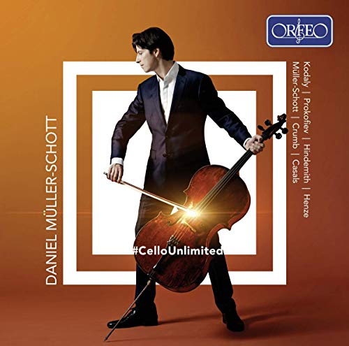 Cellist Daniel Müller-Schott in a suit playing a cello, album cover.