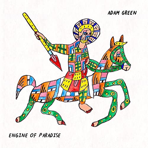 Colorful illustration of a figure on horseback, album cover art.
