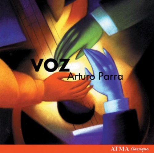 "CD cover with abstract artwork, hands holding a megaphone, titled 'VOZ' by Arturo Parra."