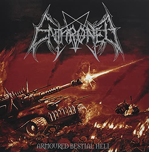 Dark album cover depicting a spiked tank firing on a fiery, hellish landscape.