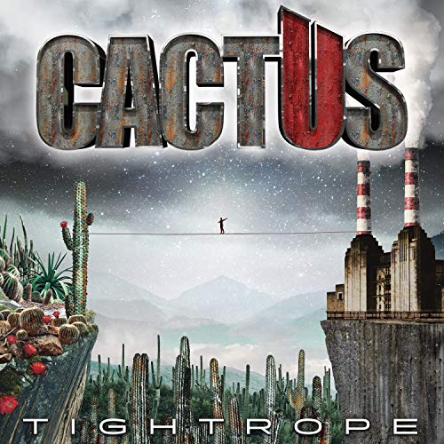 A person walks a tightrope between a cactus-filled cliff and a factory with chimneys.