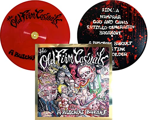 Red vinyl record and album cover with grotesque, illustrated imagery.