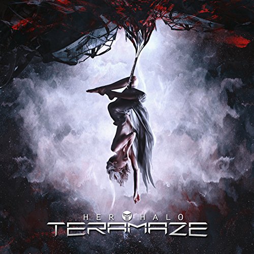 The image is an album cover for "Her Halo" by Teramaze. * The cover art features a woman hanging upside down from a structure. * The woman is surrounded by a cloudy, dark background with red accents. * The title and artist name are displayed prominently at the bottom. Alt text: "Album cover with woman hanging upside down, cloudy dark background, and red accents."
