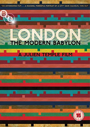DVD cover for "London: The Modern Babylon" with multicolored horizontal stripes and text overlay.