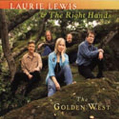 "CD cover featuring Laurie Lewis and band sitting on mossy rocks in a forest."