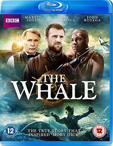 Blu-ray cover for The Whale featuring three men, a ship's wheel, and a whale.
