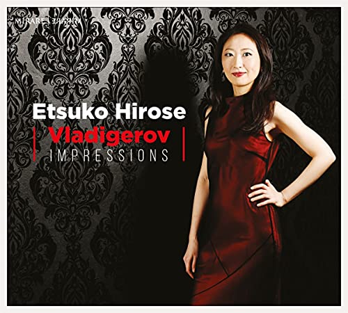 CD cover featuring pianist Etsuko Hirose in a red dress, ornate background.