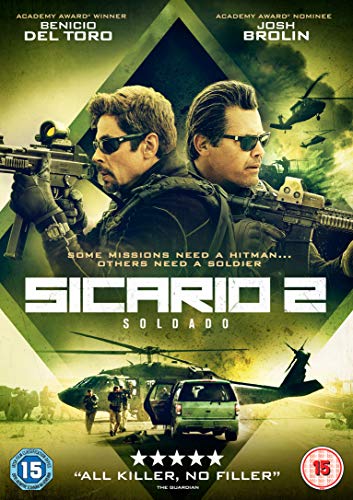 "Sicario 2: Soldado DVD cover featuring two men with guns and a helicopter."