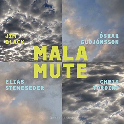 "Album cover with 'MALA MUTE' in yellow, surrounded by cloudy sky and artist names."