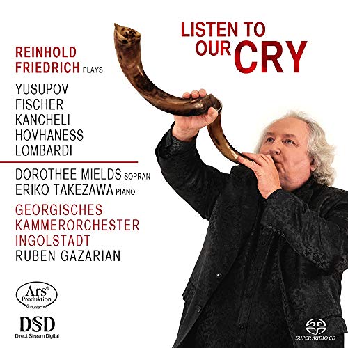 "Album cover with man playing a curved horn, white background, and red and black text."