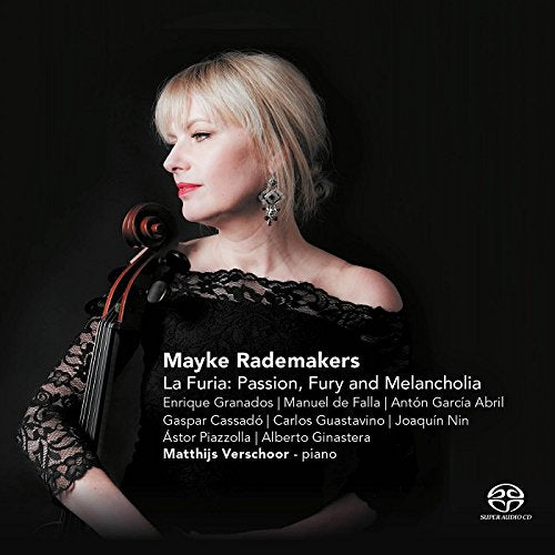 A woman holding a cello, wearing a black dress, against a dark background.
