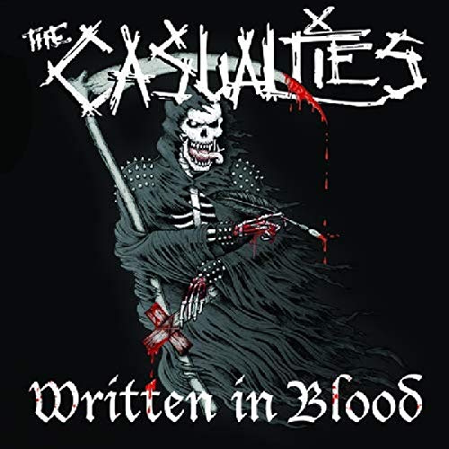 "Album cover art featuring a grim reaper with text 'The Casualties - Written in Blood'."