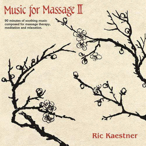 "CD cover with beige background, black branches, and red title 'Music for Massage II'."