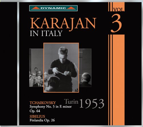 "CD cover with conductor Karajan and orchestra, black background, orange and white text."