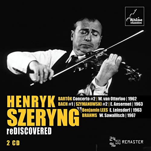 Black and white photo of violinist Henryk Szeryng playing, CD cover art.