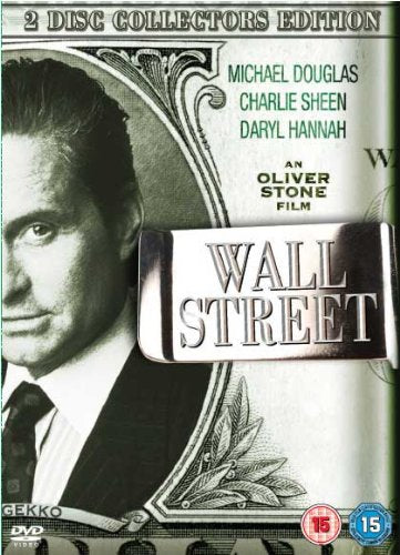 "Wall Street DVD cover featuring a black and white image of Michael Douglas."