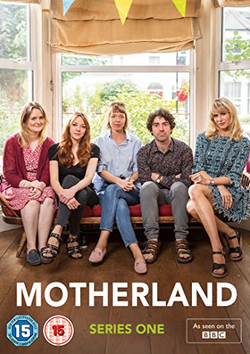 Five people seated on a rattan bench, "Motherland Series 1" DVD cover.