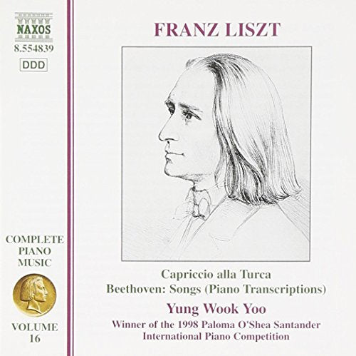 CD cover with sketch of Franz Liszt, white background, and red and green text.