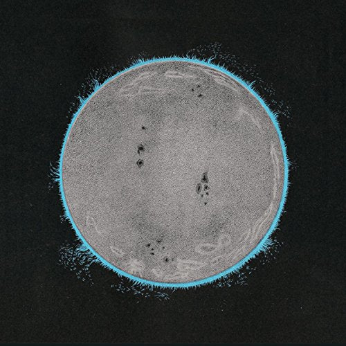 Circular album cover with a textured gray center and bright blue outline.