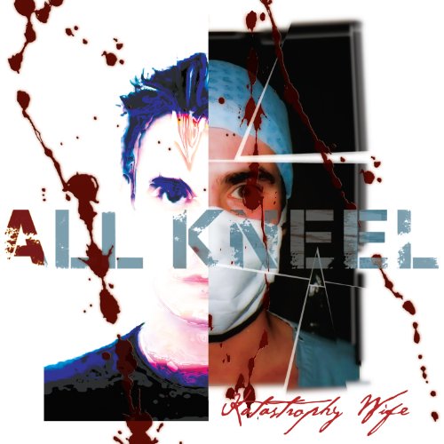 Split image of two faces with medical masks and red splatter effects.