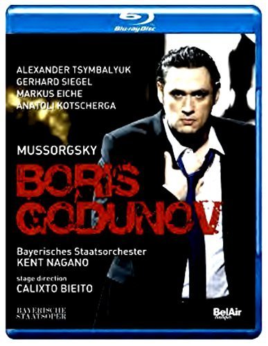 Man in black suit and blue tie grasps his neck, red title "Boris Godunov" below.