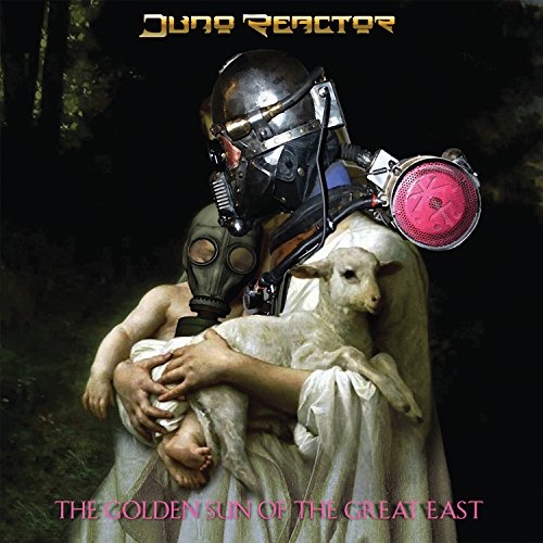 "Album cover featuring a person in a gas mask holding a lamb in a forest."