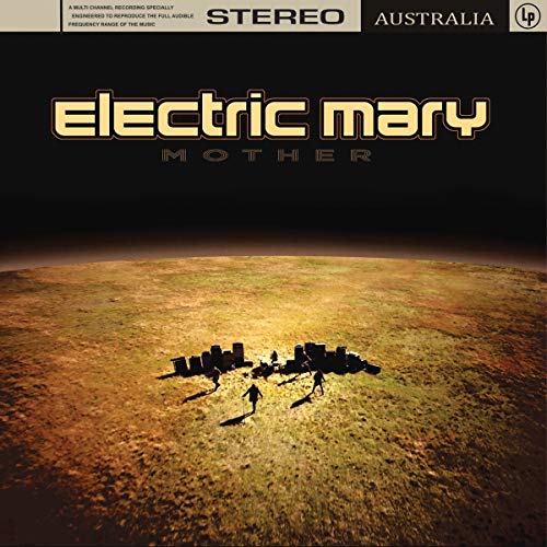 "Album cover with 'Electric Mary' in yellow text, people on a planet's surface."