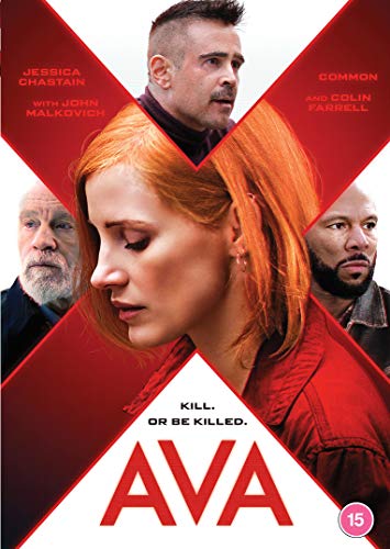 DVD cover for "Ava" featuring Jessica Chastain and Colin Farrell.