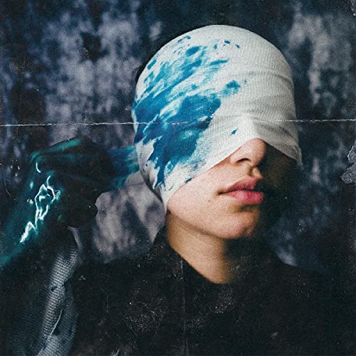Person with a bandaged head, partially obscured face, blue tones.