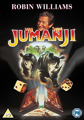 Jumanji DVD cover featuring Robin Williams, rhinos, and a game board.