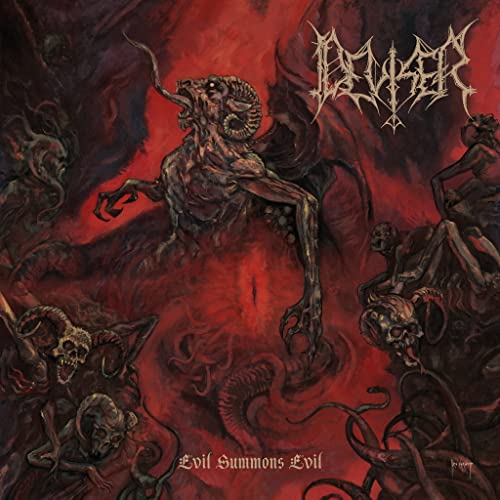 Red album cover depicting a demonic figure surrounded by skeletal forms.