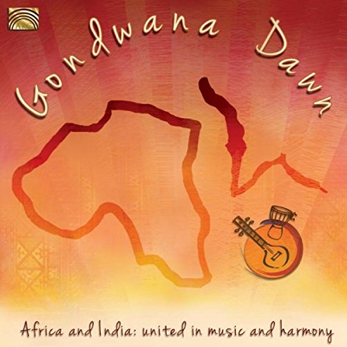 "Album cover with map of Africa and India, guitar, and 'Gondwana Dawn' title."