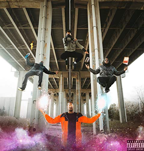Four figures levitate under a concrete overpass, holding sparklers.