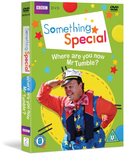 "DVD case with Mr. Tumble in a red and blue star-patterned outfit."